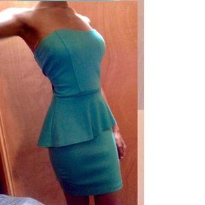 Teal Strapless Peplum Dress